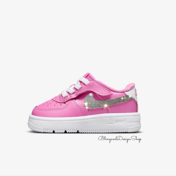 Pink Bling Nike Force 1 Low Easy On Baby Toddler Shoes Sneakers With Crystals - Picture 1 of 6